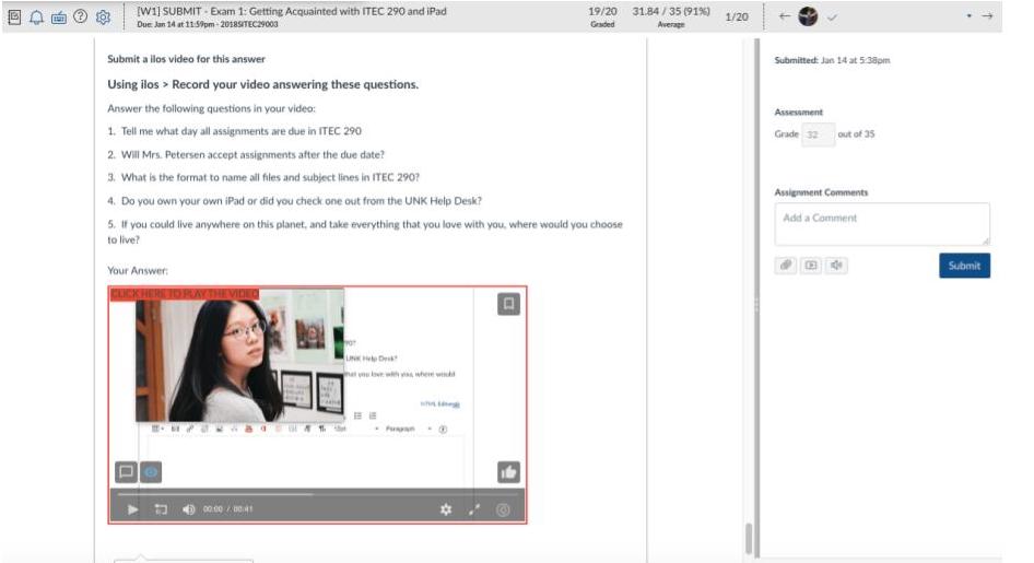 VidGrid quizzing interface showing a response and grade received